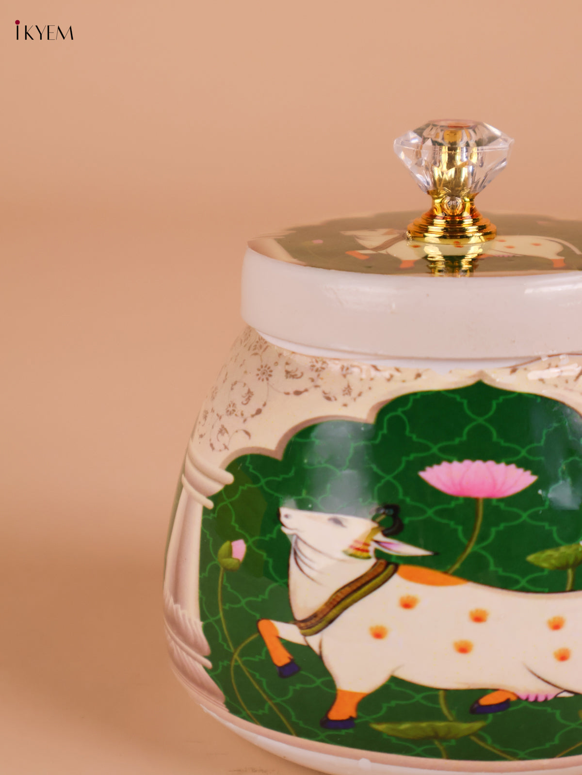 Pichwai Cow Printed Nuts Jar-Green -4inch-KEI22007