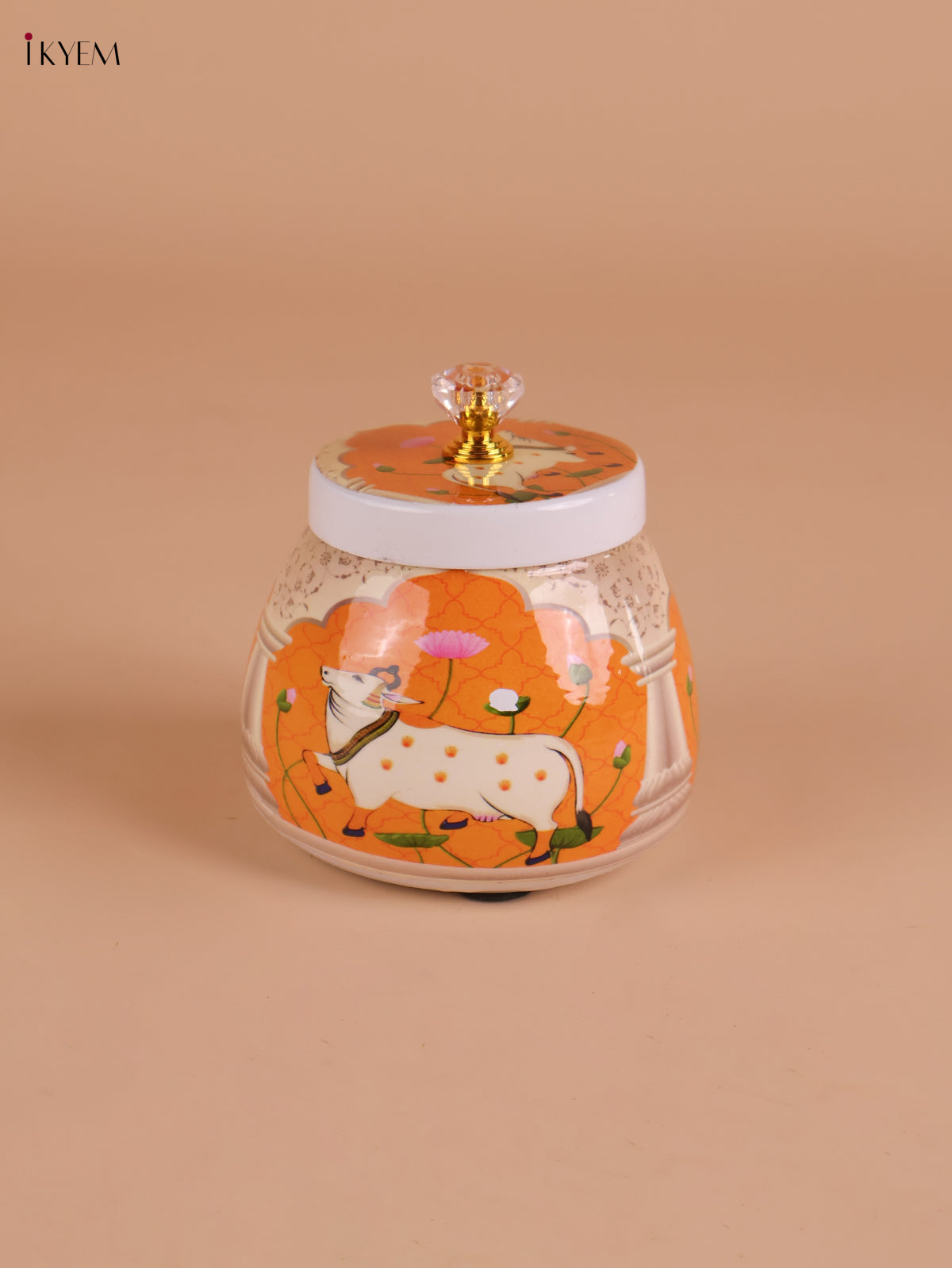 Pichwai Cow Printed Nuts Jar- Yellow&Cream-4inch-KEI22010