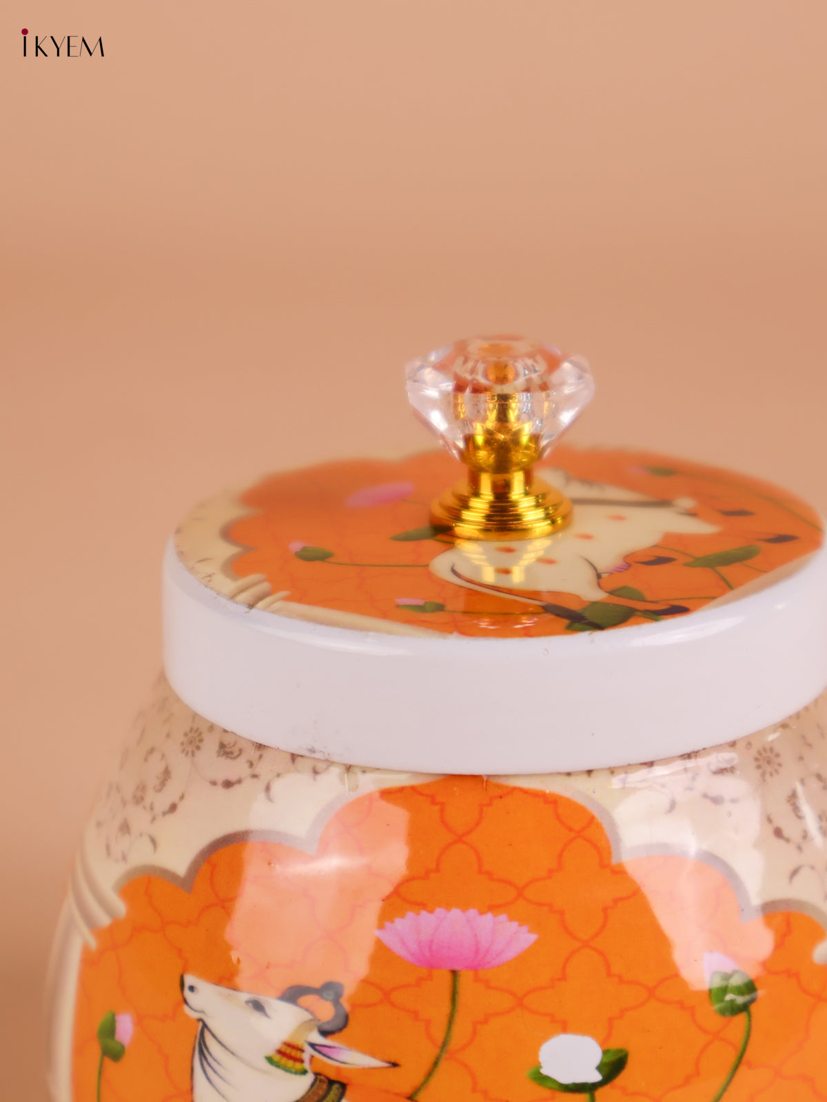 Pichwai Cow Printed Nuts Jar- Yellow&Cream-4inch-KEI22010