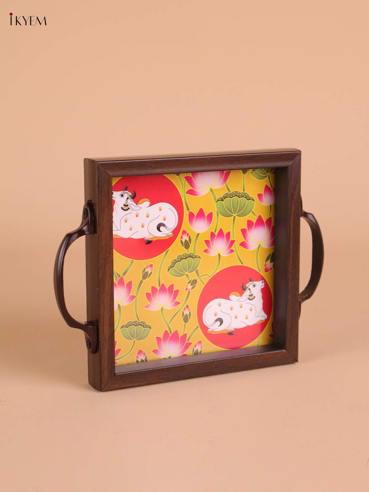 Pichwai Cow Printed Wooden Tray-Yellow(6x6)