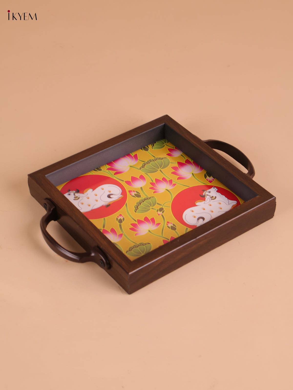 Pichwai Cow Printed Wooden Tray-Yellow(6x6)