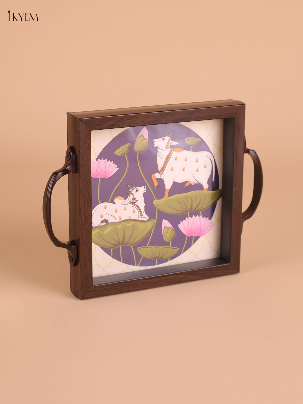 Pichwai Cow&Lotus Printed Wooden Tray-Blue(6x6)