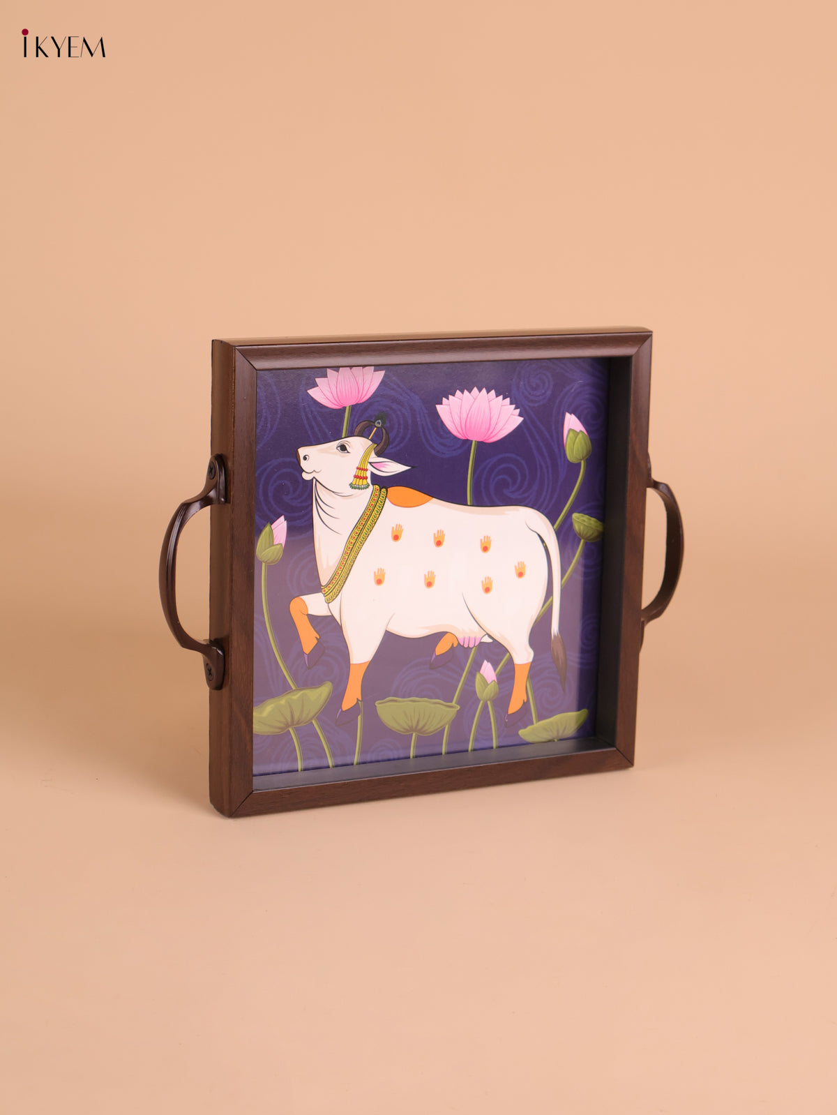 Pichwai Cow Printed Wooden Tray-Blue(8x8)