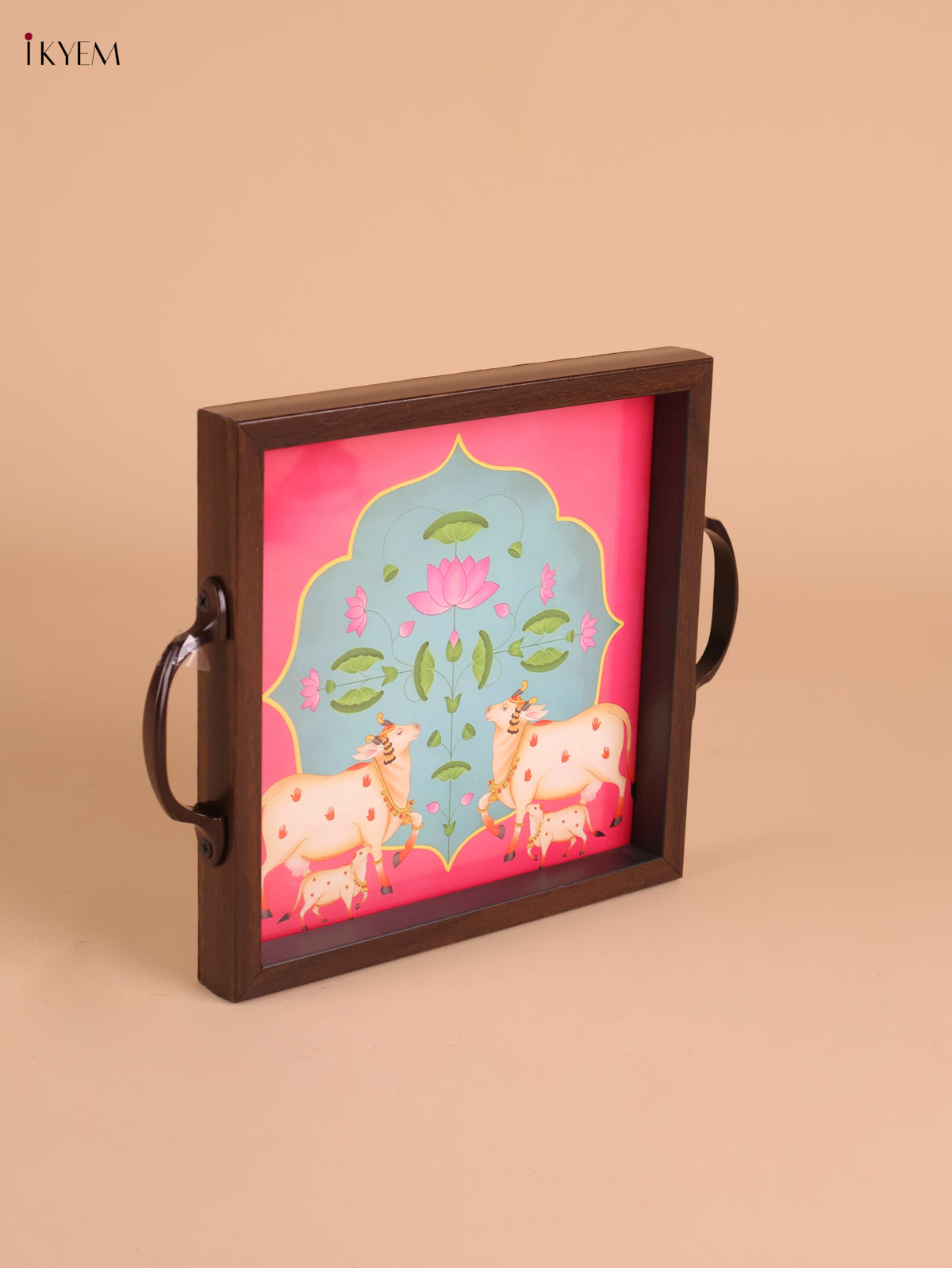 Pichwai Cow&Calf Printed Wooden Tray-Pink(8x8)