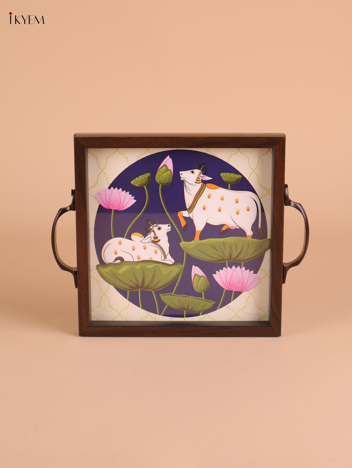 Pichwai Cow&Lotus Printed Wooden Tray-Blue(8x8)