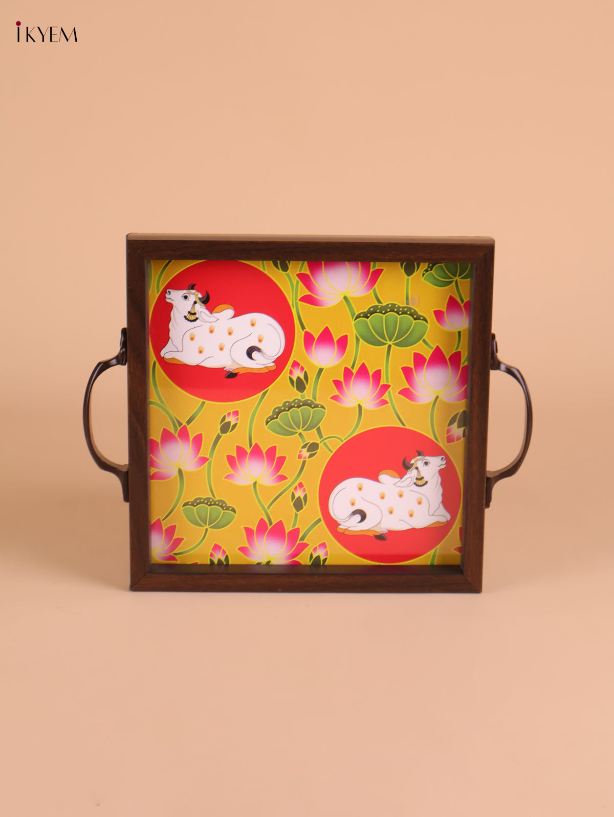 Pichwai Cow&Calf Printed Wooden Tray-Yellow(8x8)