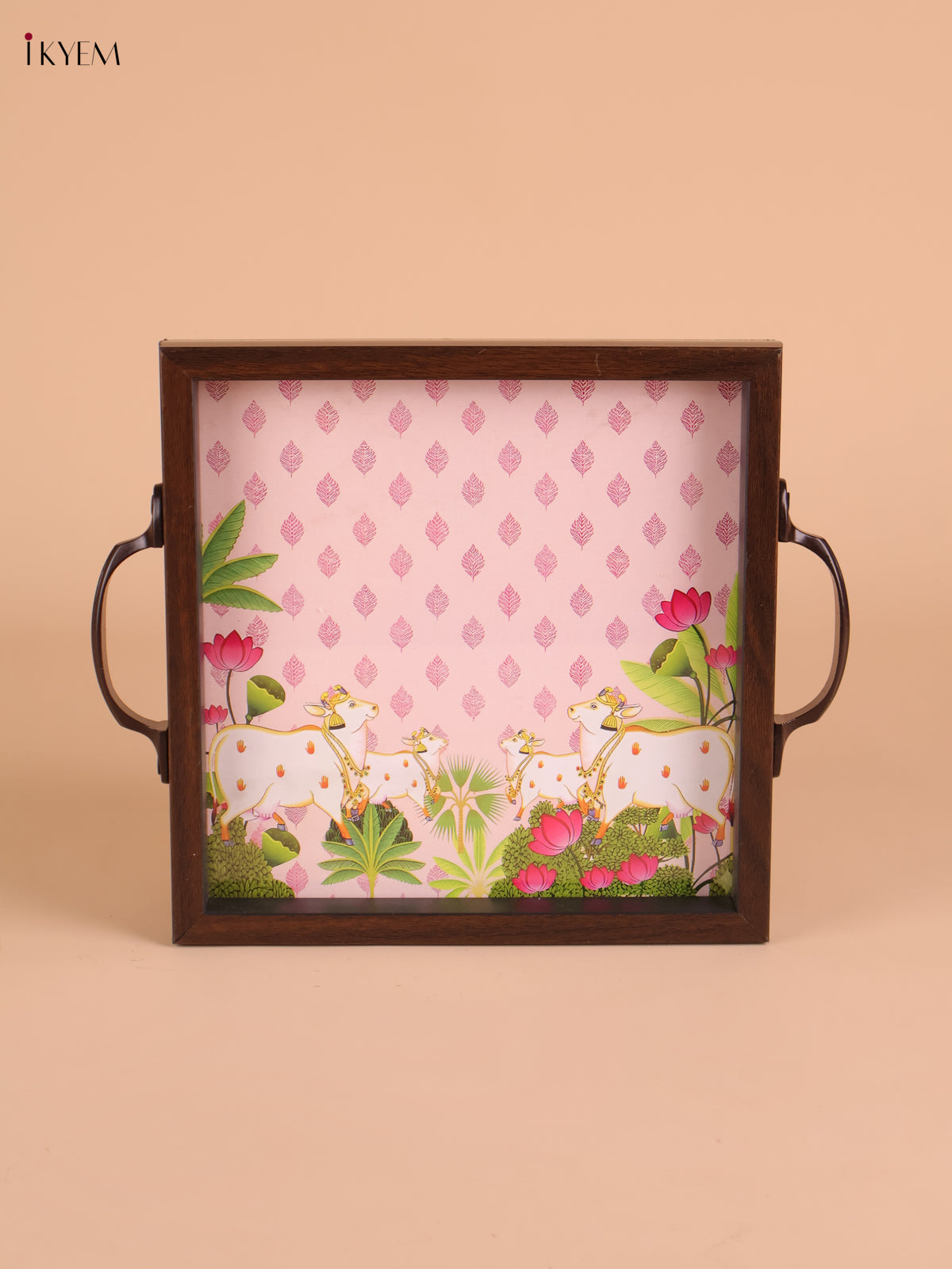 Pichwai Cow&Calf Printed Wooden Tray-Baby Pink(8x8)