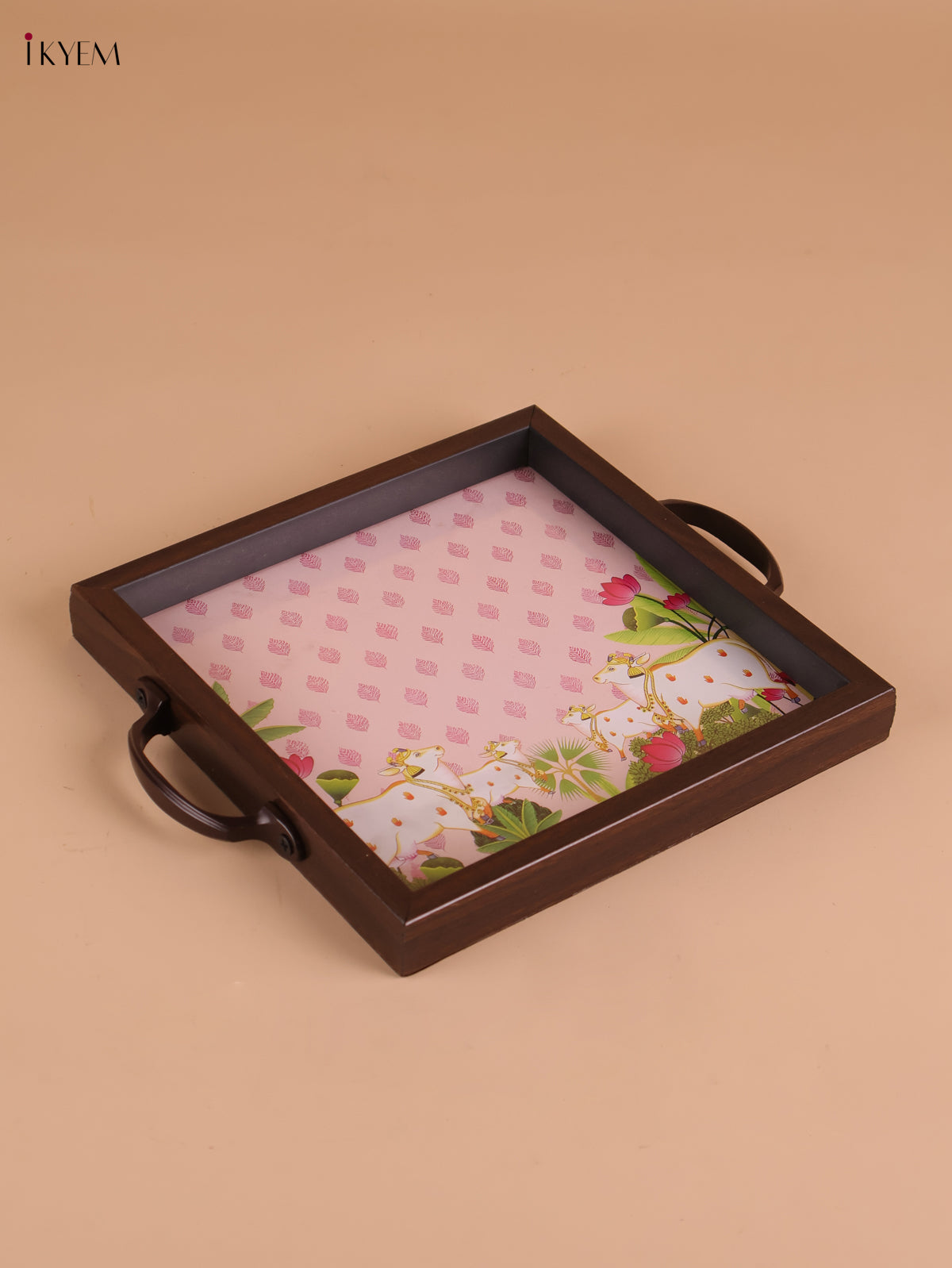 Pichwai Cow&Calf Printed Wooden Tray-Baby Pink(8x8)