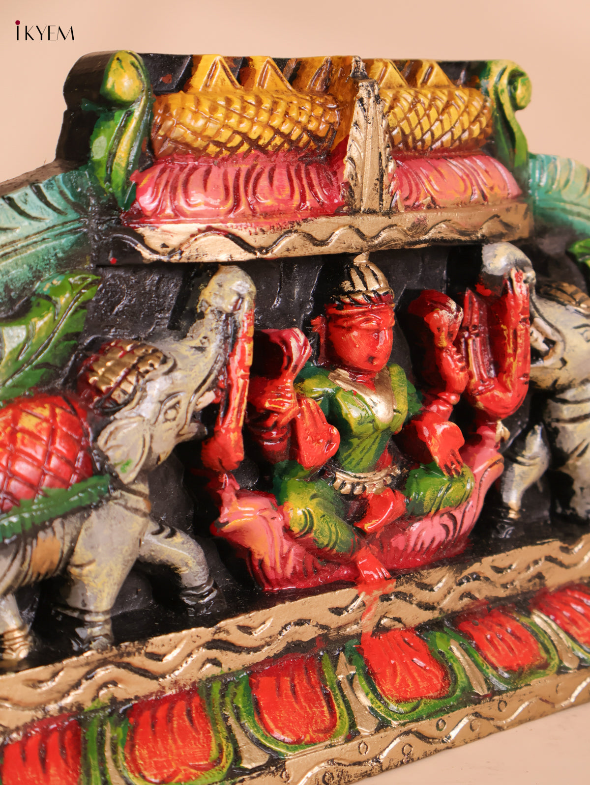 Wooden Hand Carved Painted Gajalakshmi Panel (9x27)
