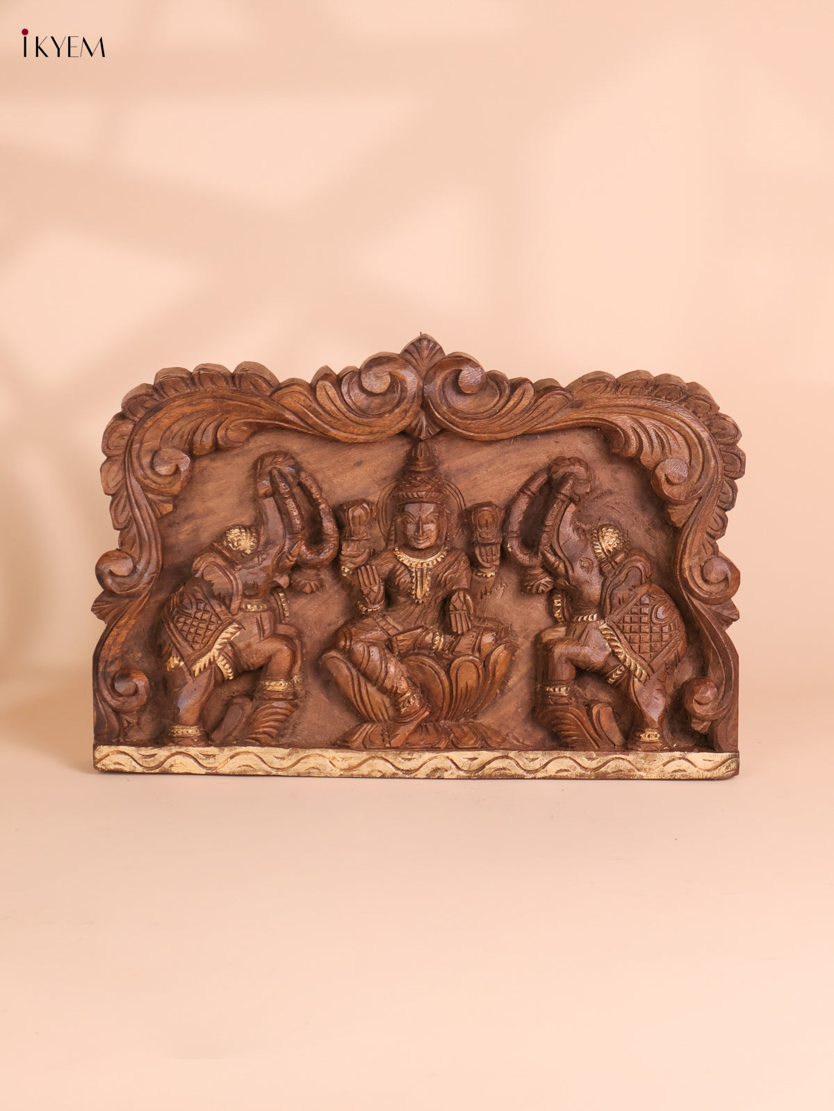Wooden Hand Carved Gajalakashmi Panel(12x18)