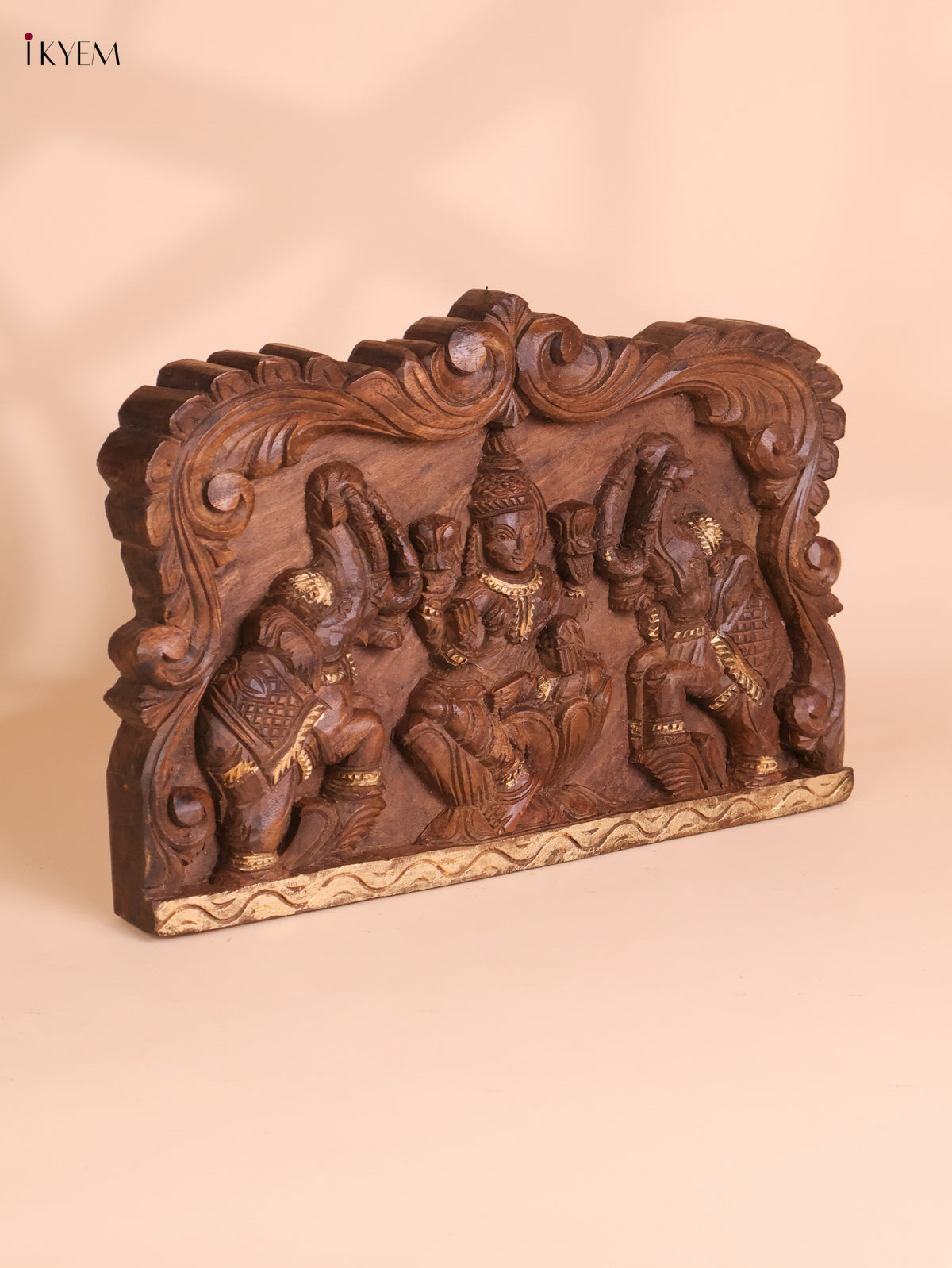 Wooden Hand Carved Gajalakashmi Panel(12x18)
