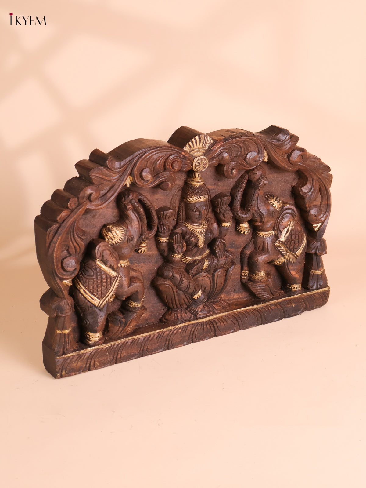 Wooden Hand Carved Gajalakashmi Panel(12x18)