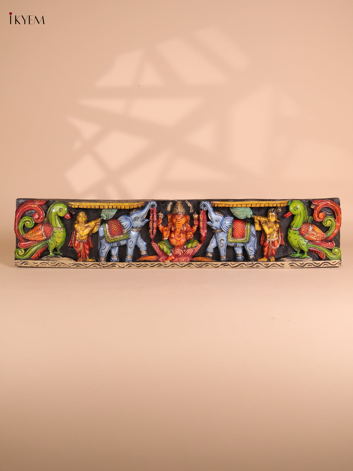 Wooden Hand Carved Painted Gaja Ganesha Panel (8x36)