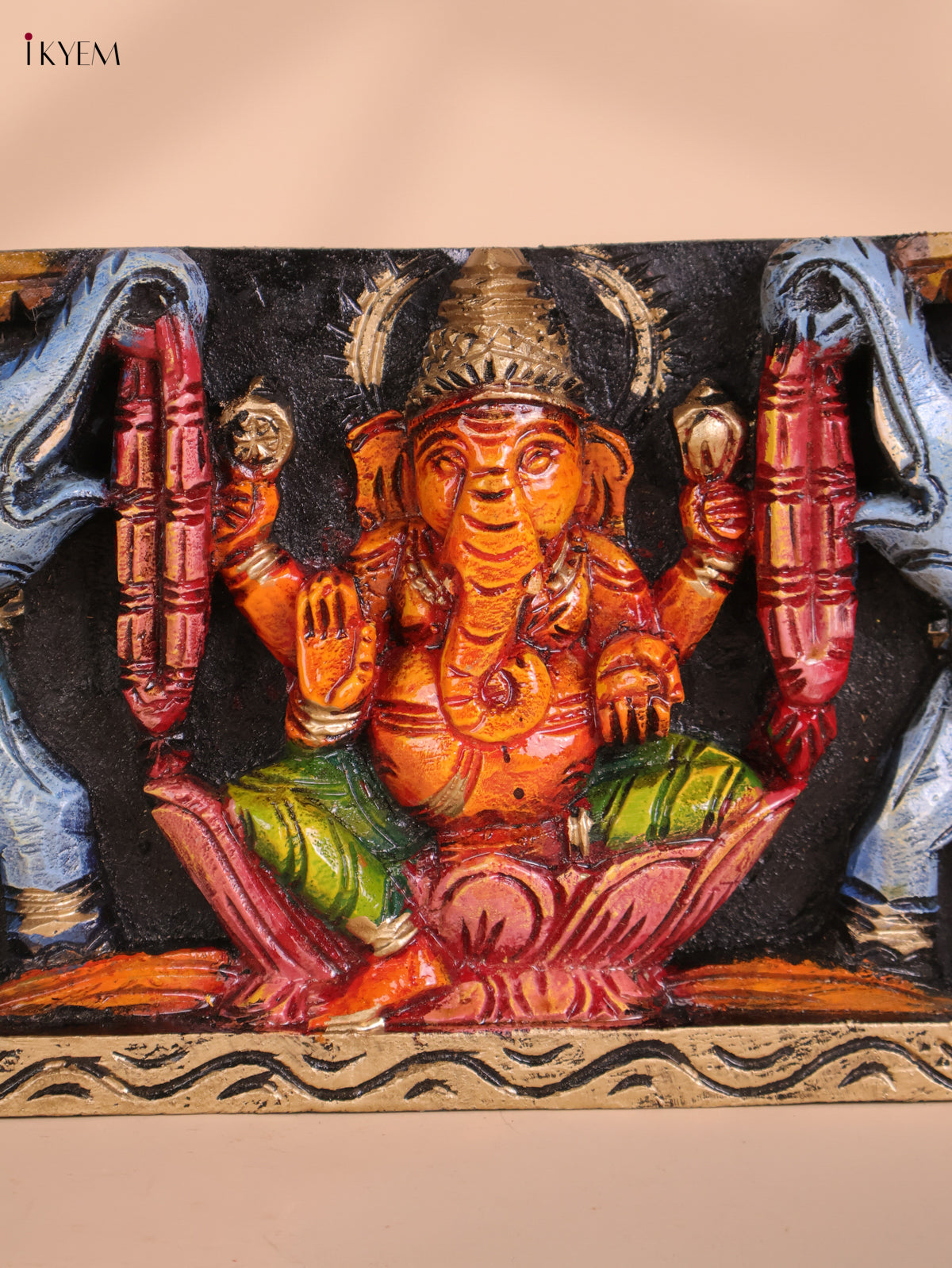 Wooden Hand Carved Painted Gaja Ganesha Panel (8x36)