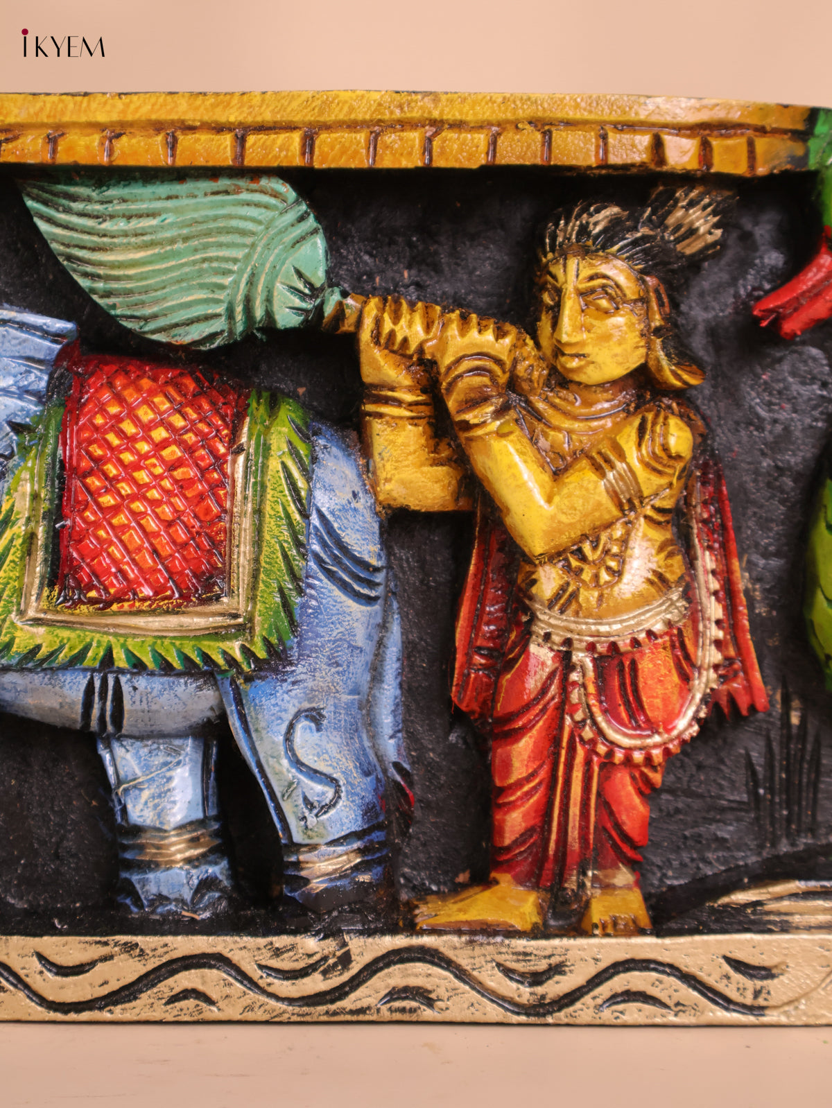 Wooden Hand Carved Painted Gaja Ganesha Panel (8x36)