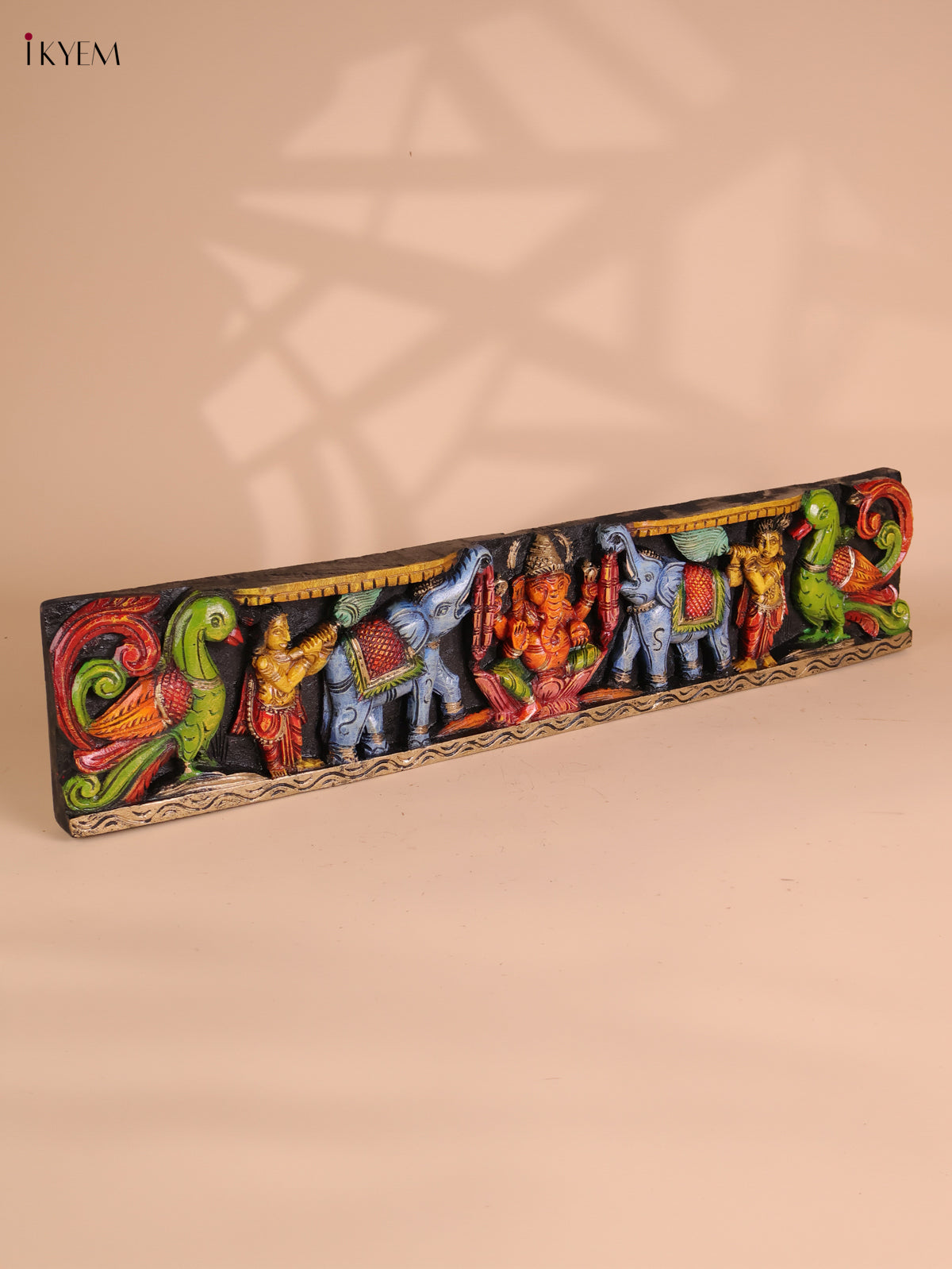 Wooden Hand Carved Painted Gaja Ganesha Panel (8x36)