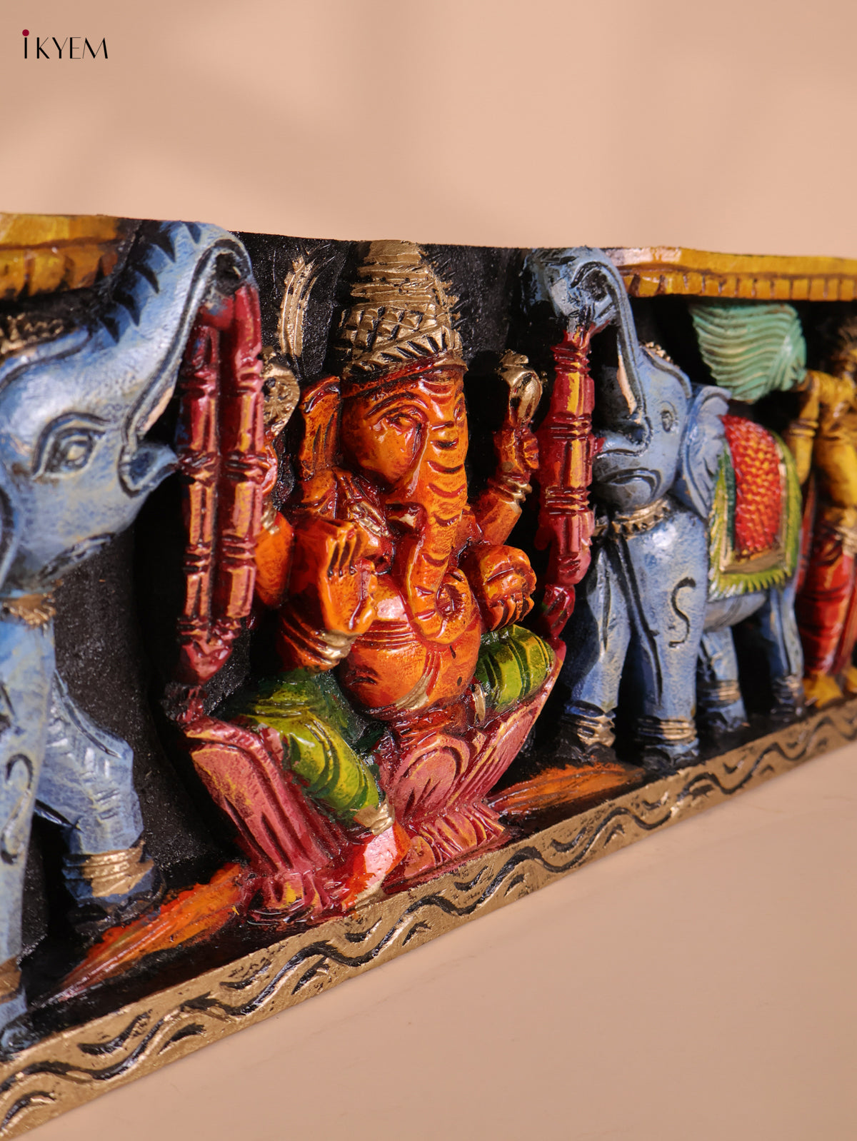 Wooden Hand Carved Painted Gaja Ganesha Panel (8x36)