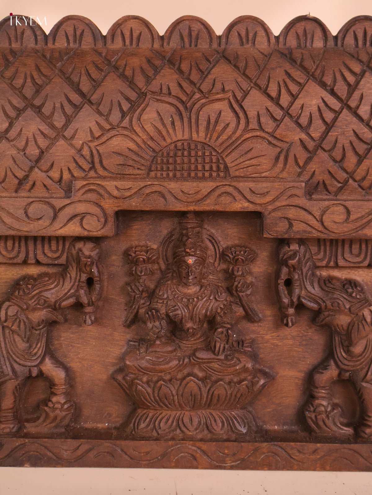 Wooden Hand Carved Gajalakashmi Panel- (11x30)