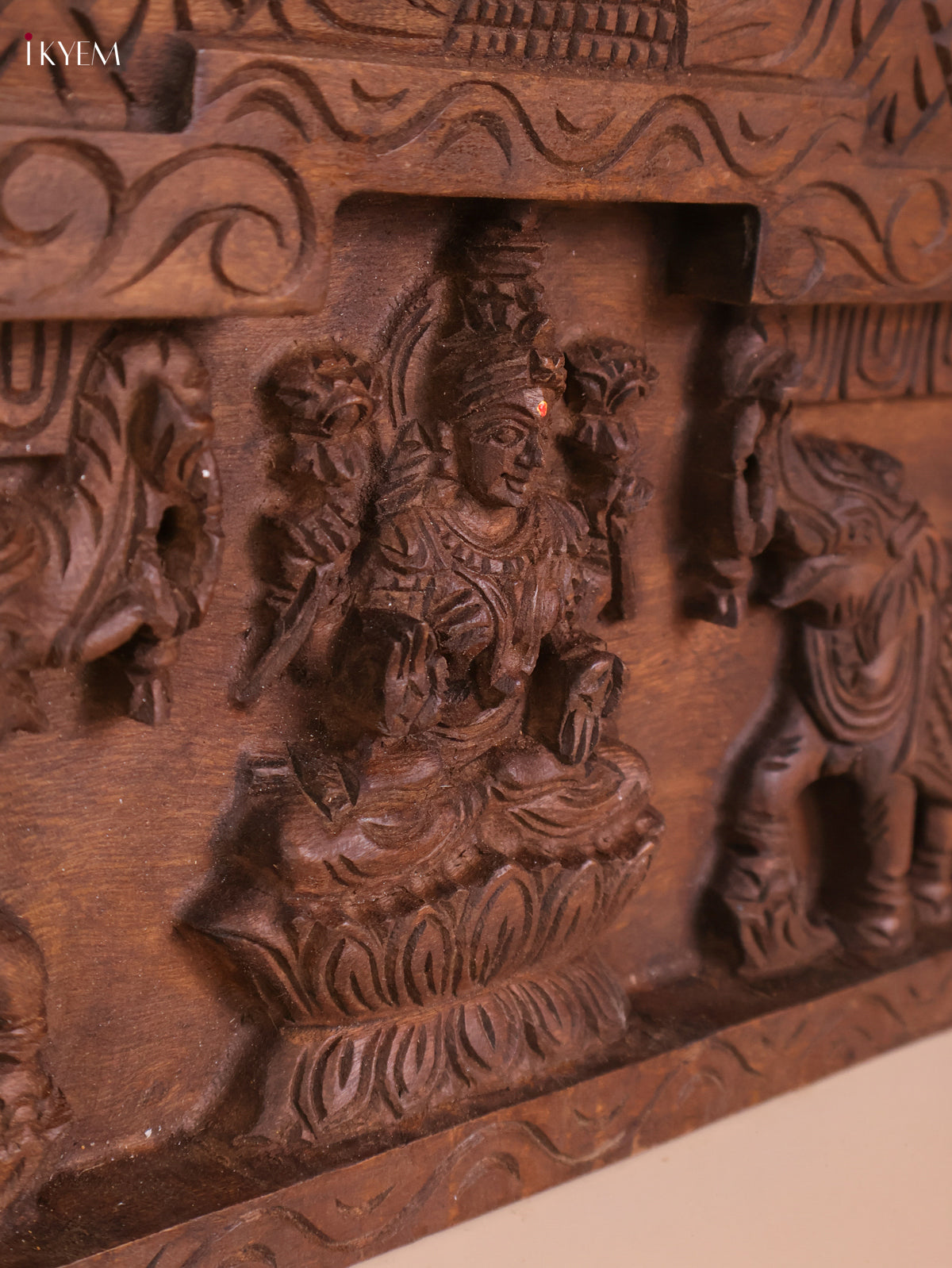 Wooden Hand Carved Gajalakashmi Panel- (11x30)