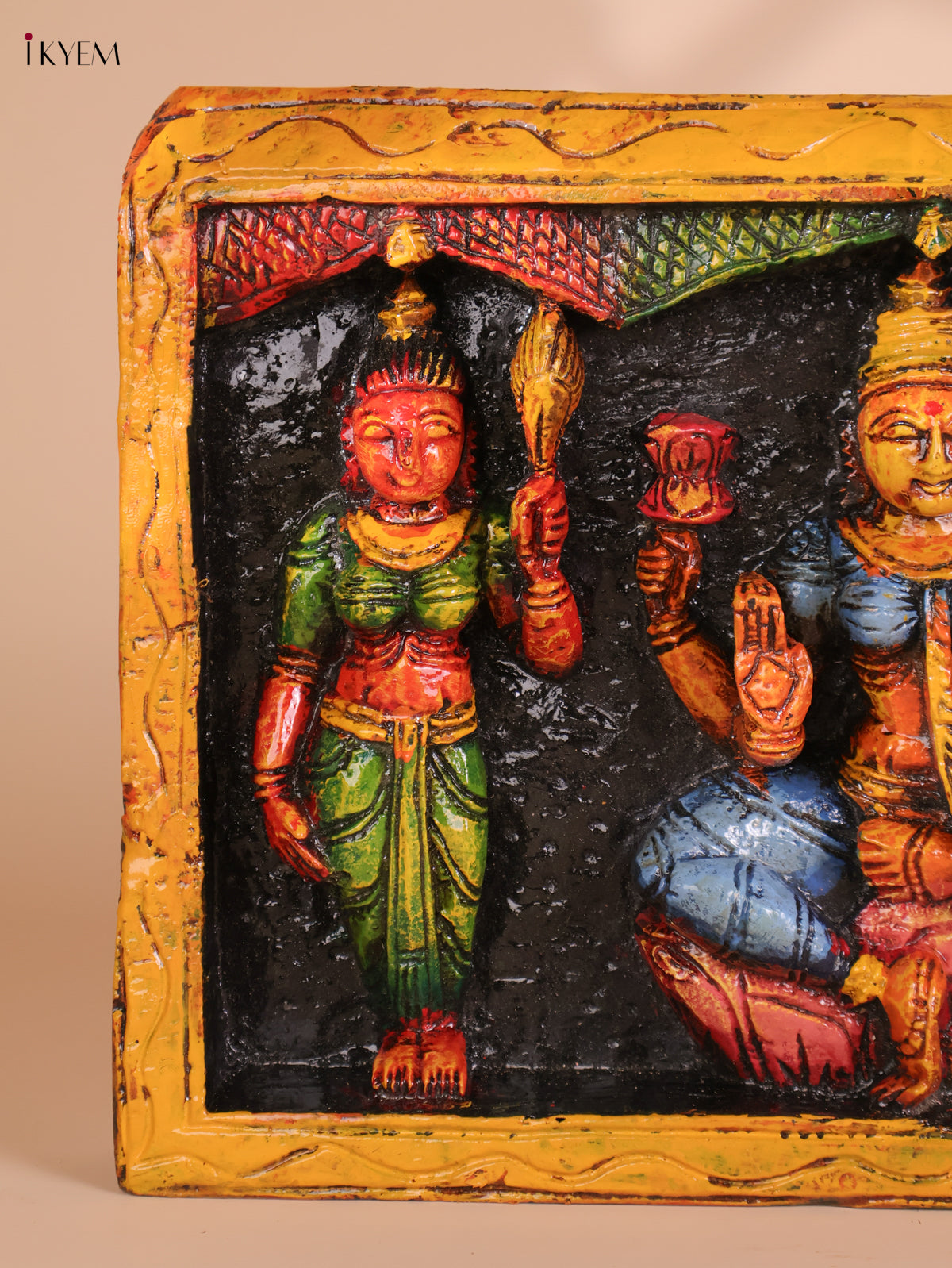 Wooden Hand Carved Painted Ganesha Lakshmi Saraswathi Panel (10x35)