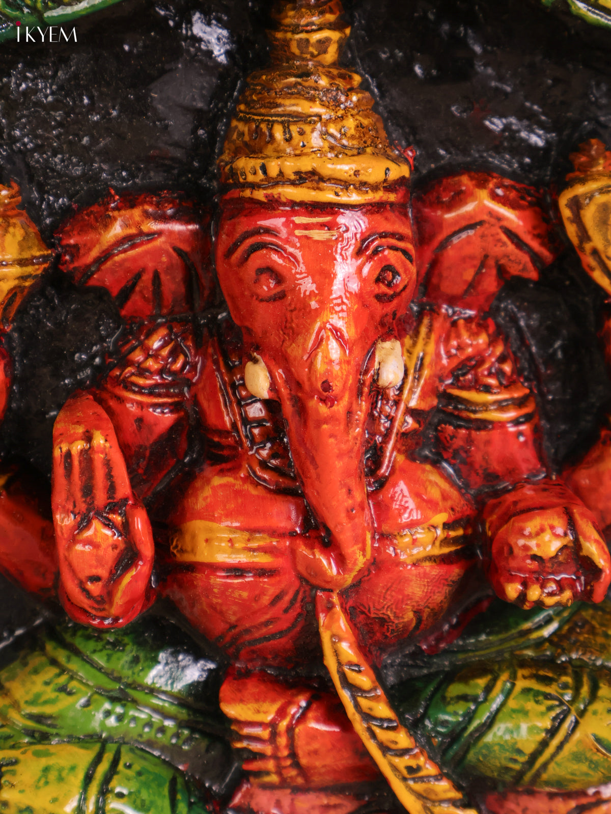 Wooden Hand Carved Painted Ganesha Lakshmi Saraswathi Panel (10x35)