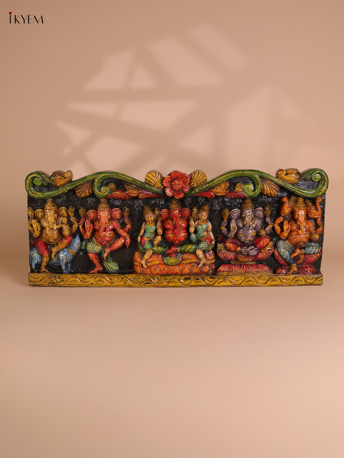 Wooden Hand Carved Painted Ganesha Panel (12x30)