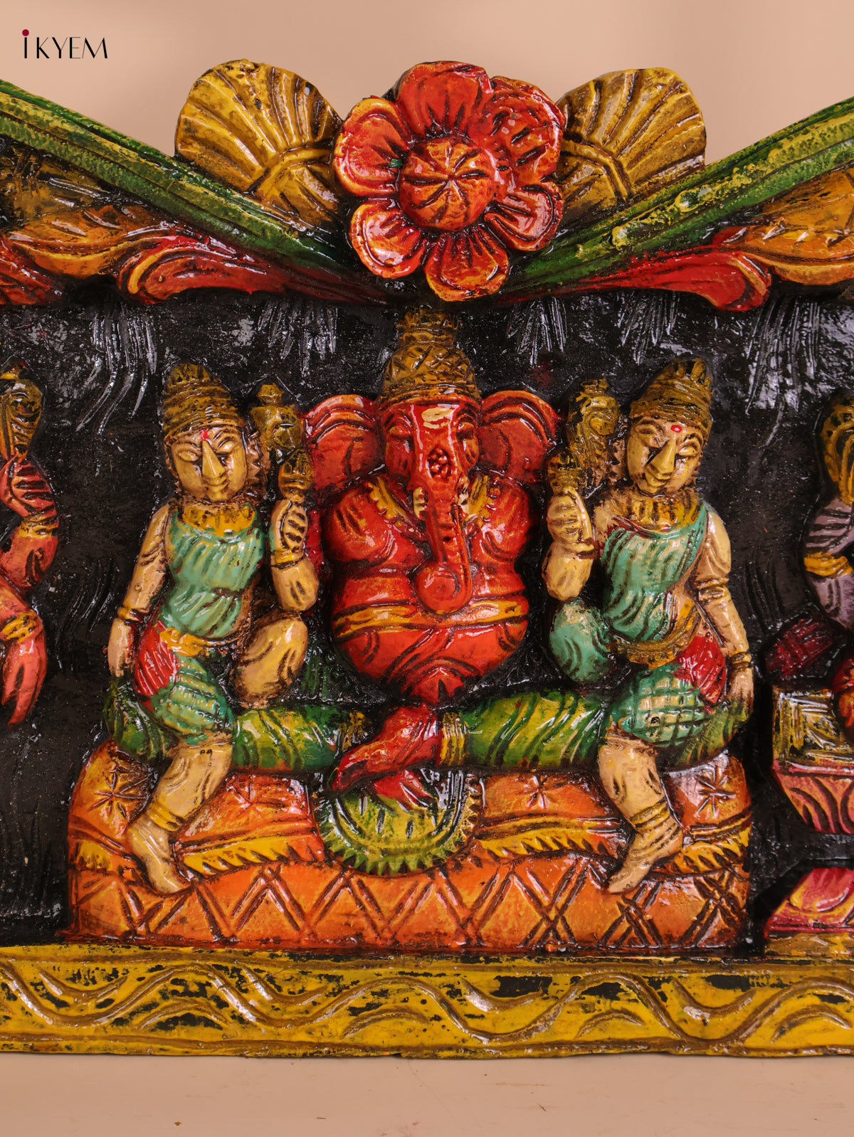Wooden Hand Carved Painted Ganesha Panel (12x30)