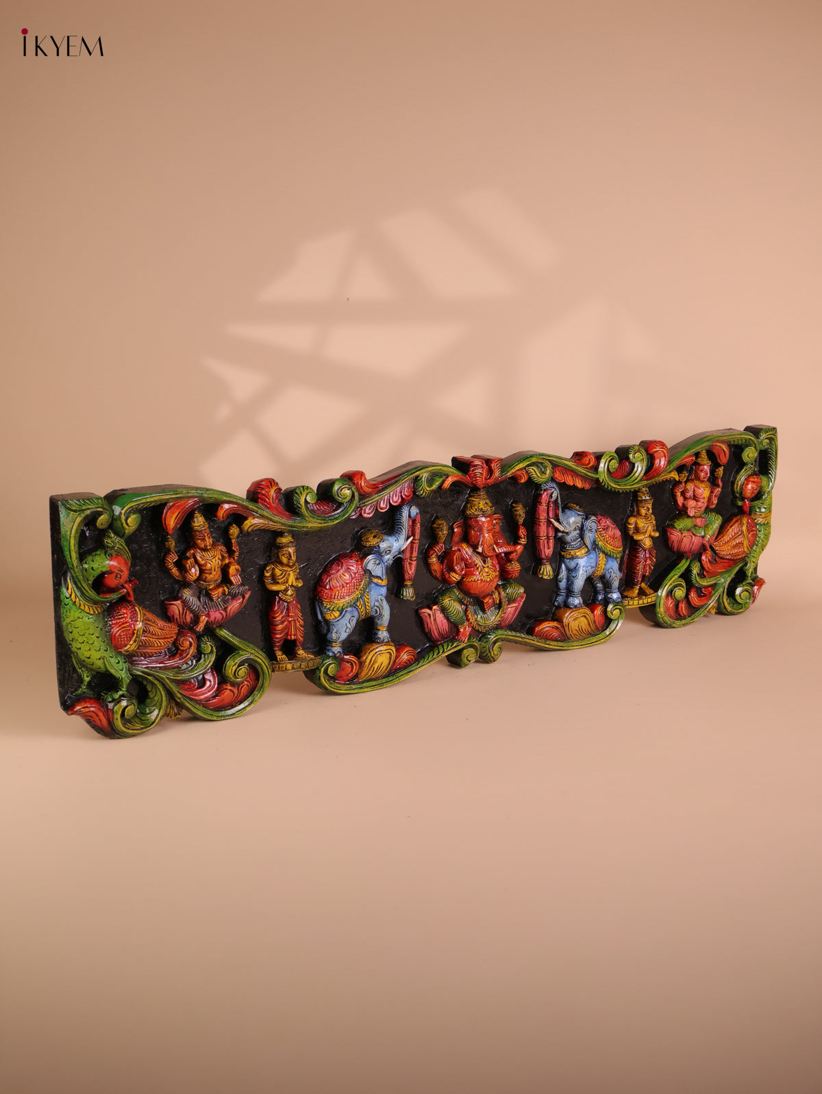 Wooden Hand Carved Painted Gaja Ganesha Panel (12x48)