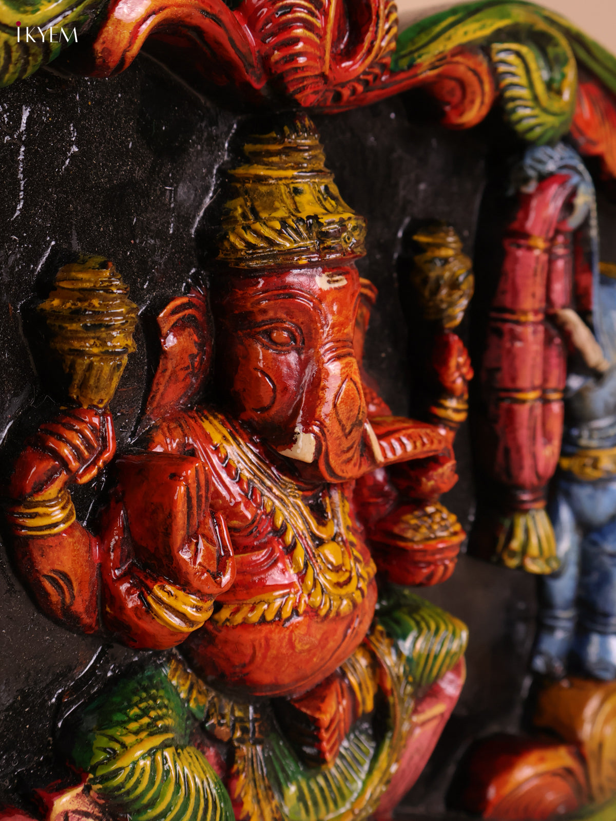 Wooden Hand Carved Painted Gaja Ganesha Panel (12x48)