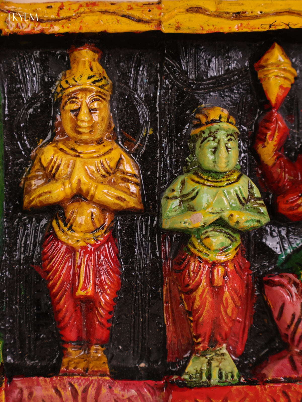 Wooden Hand Carved Painted Ganesha Lakshmi Saraswathi Panel (7x24)