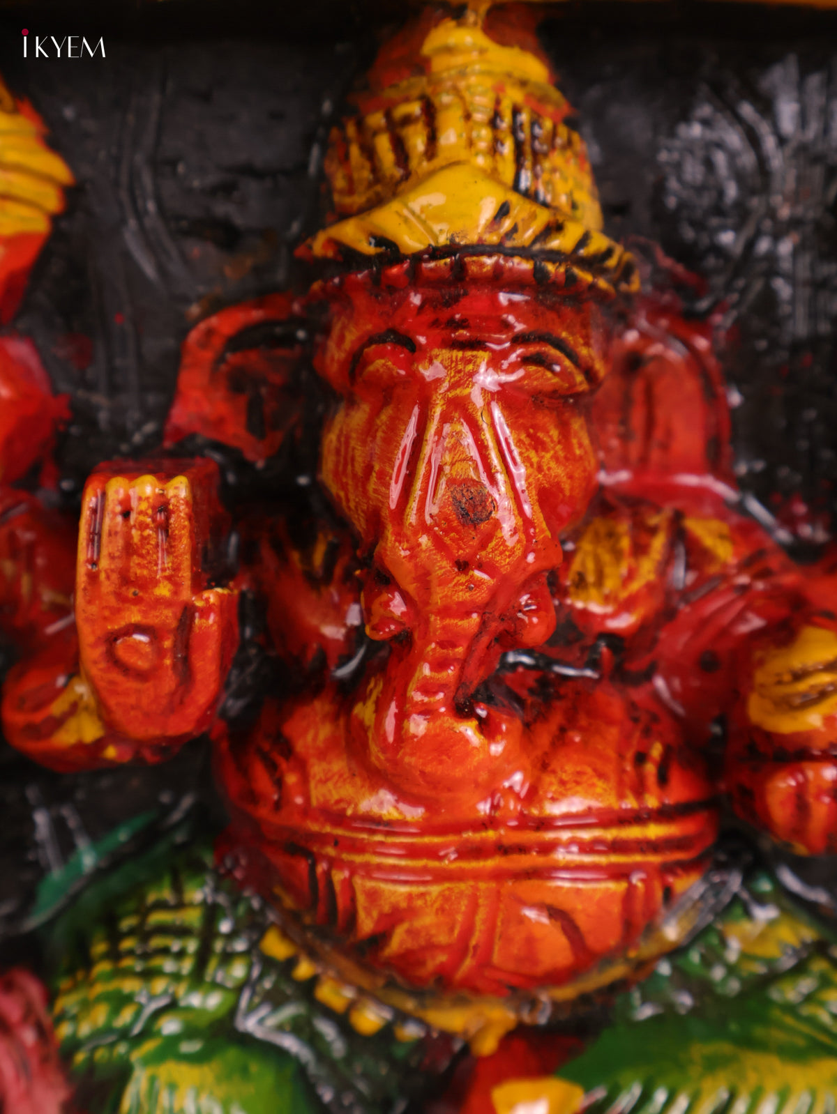 Wooden Hand Carved Painted Ganesha Lakshmi Saraswathi Panel (7x24)