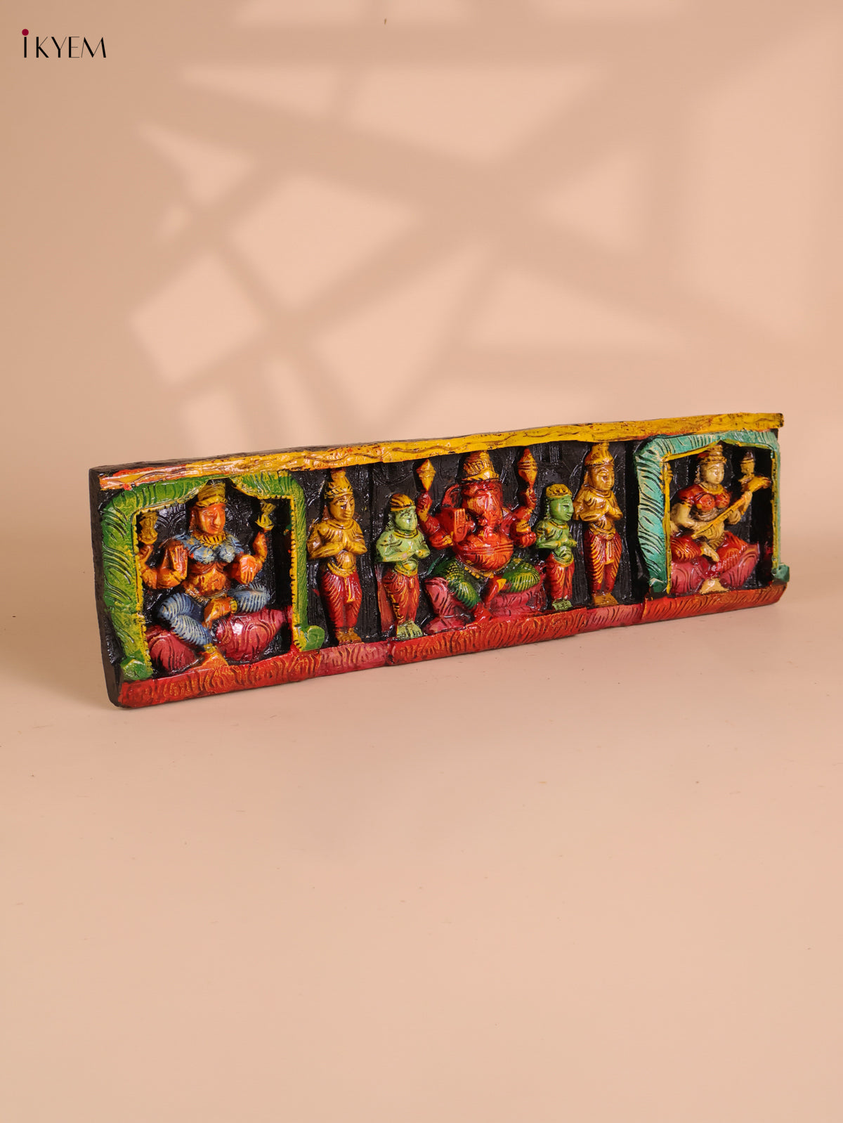 Wooden Hand Carved Painted Ganesha Lakshmi Saraswathi Panel (7x24)