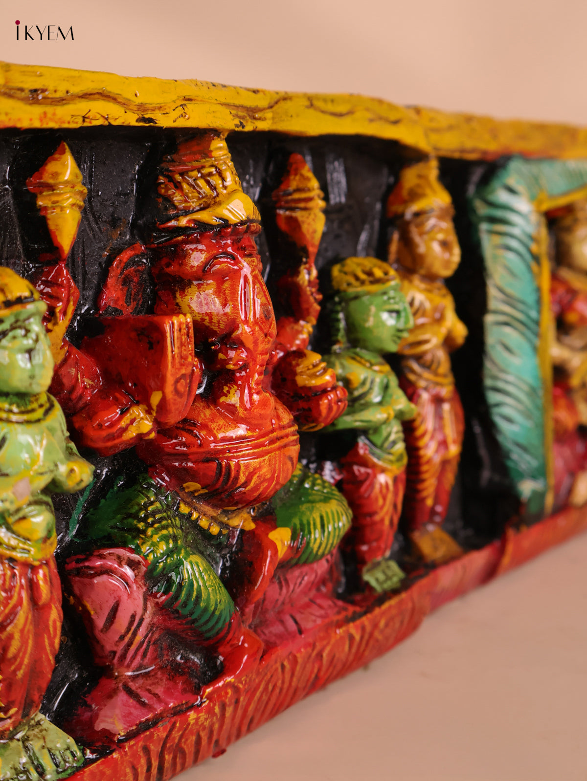 Wooden Hand Carved Painted Ganesha Lakshmi Saraswathi Panel (7x24)