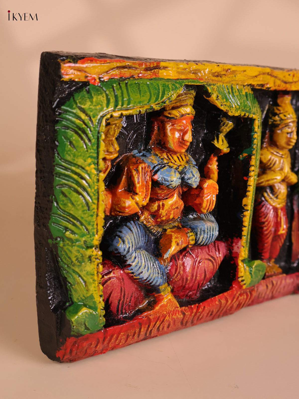 Wooden Hand Carved Painted Ganesha Lakshmi Saraswathi Panel (7x24)