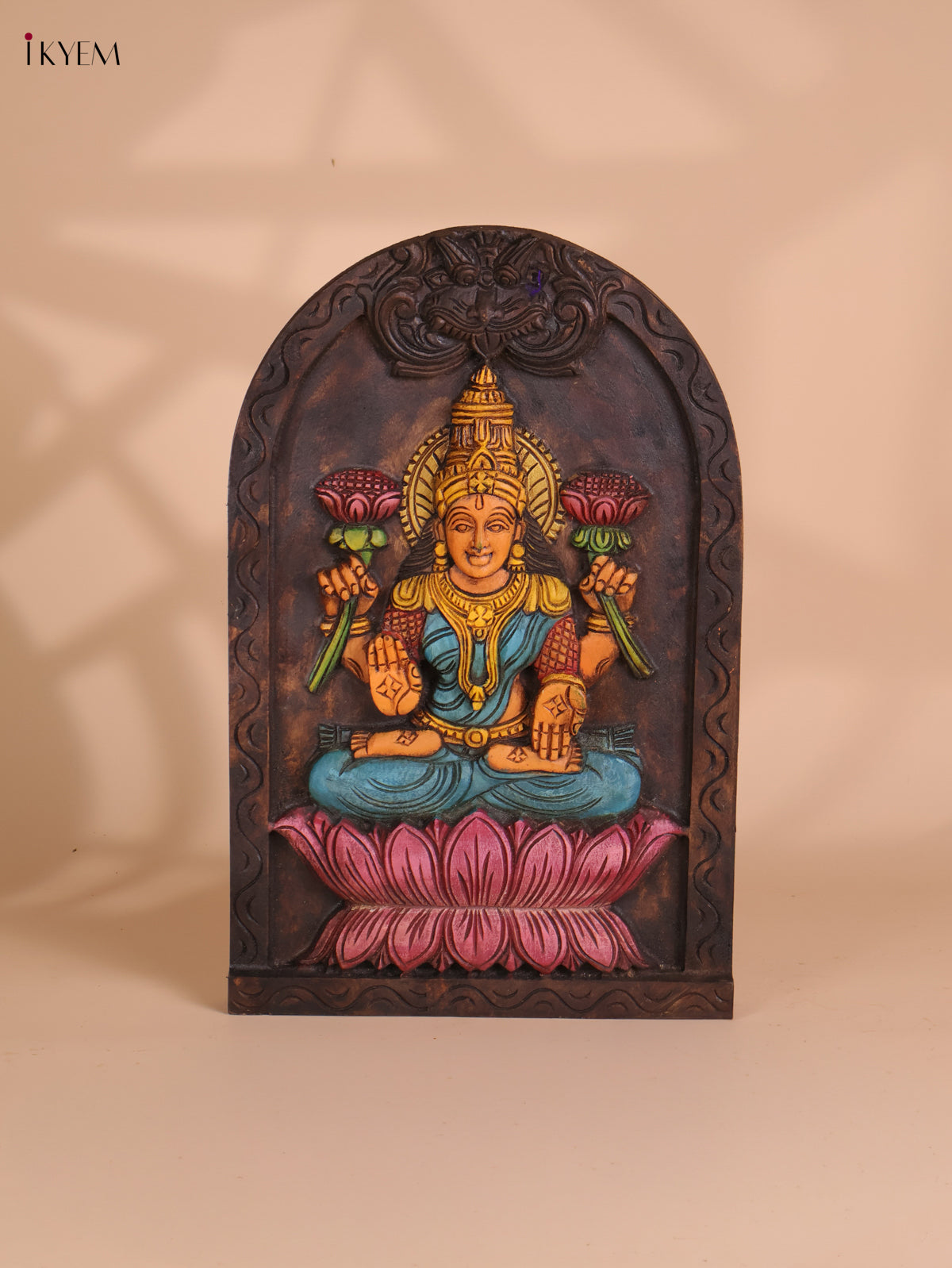 Wooden Hand Carved Painted Lakshmi Wall Panel (18x12)