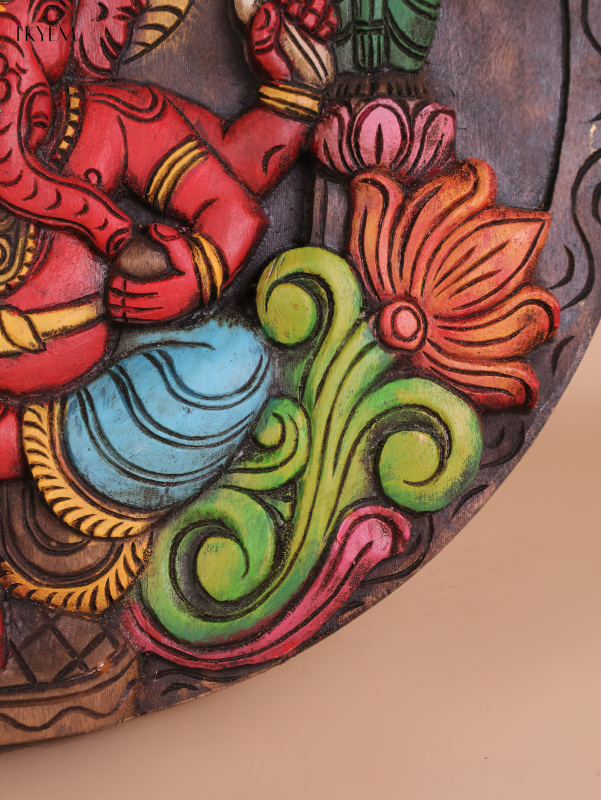 Wooden Hand Carved Painted Ganesha Circle Panel -(18X18)