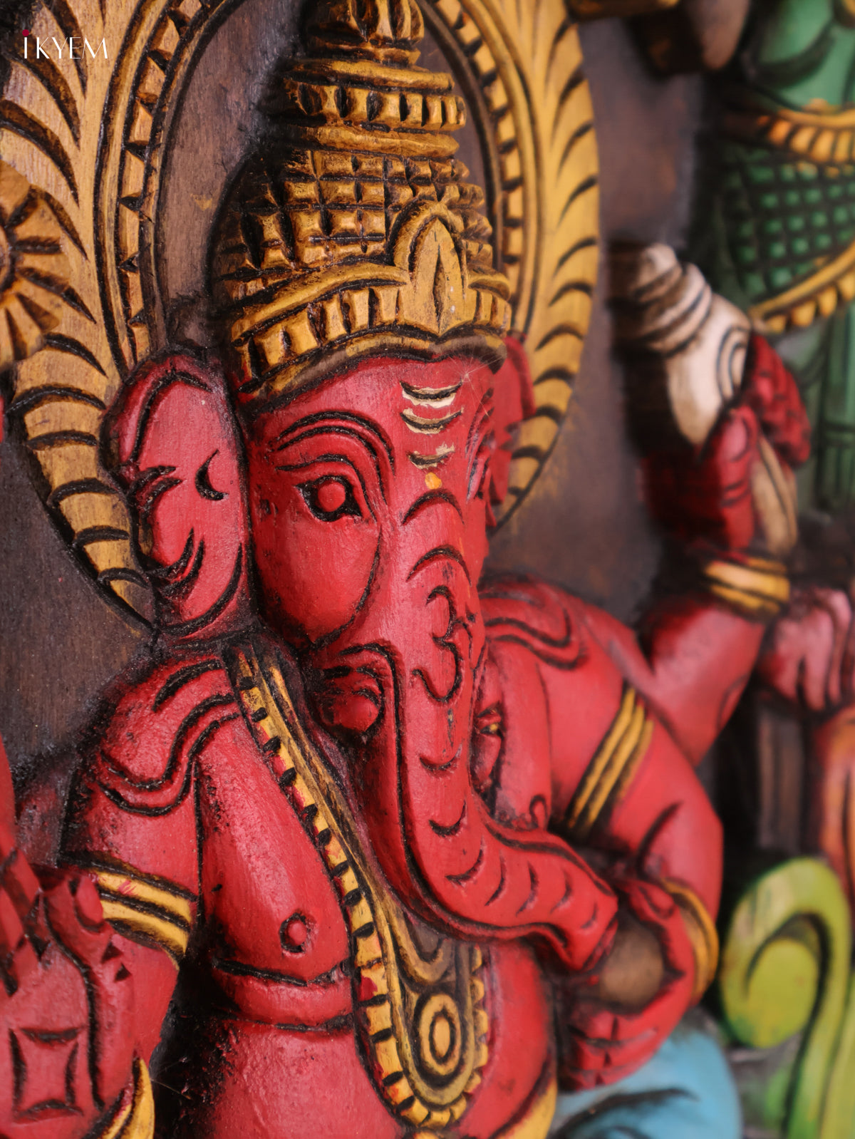 Wooden Hand Carved Painted Ganesha Circle Panel -(18X18)