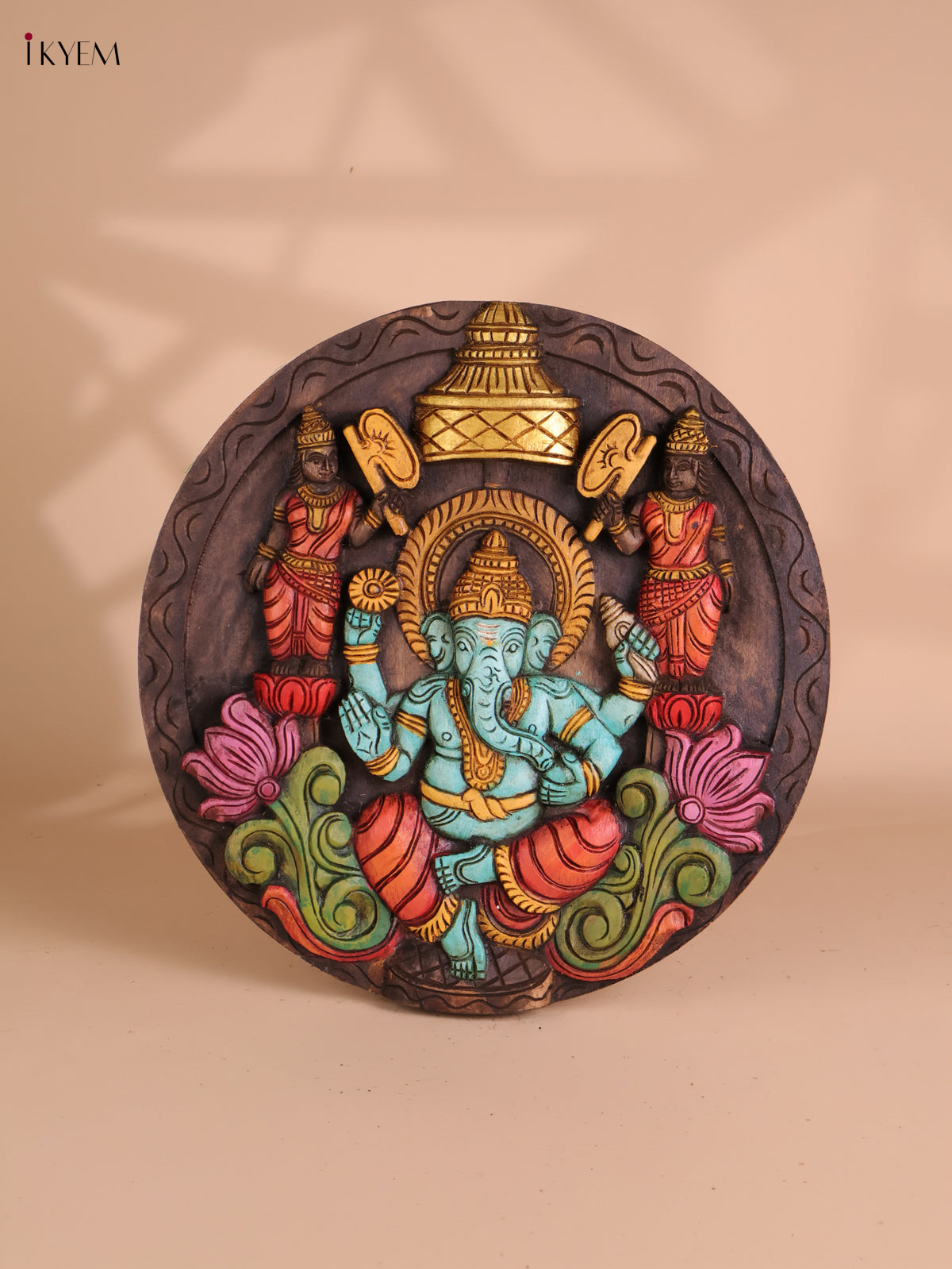 Wooden Hand Carved Painted Ganesha Circle Panel -(18X18)