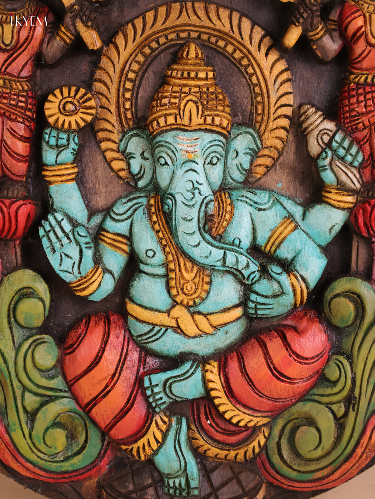 Wooden Hand Carved Painted Ganesha Circle Panel -(18X18)