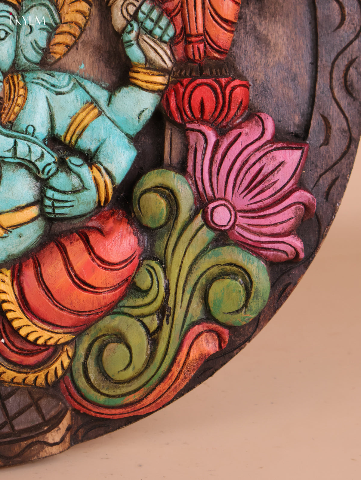 Wooden Hand Carved Painted Ganesha Circle Panel -(18X18)