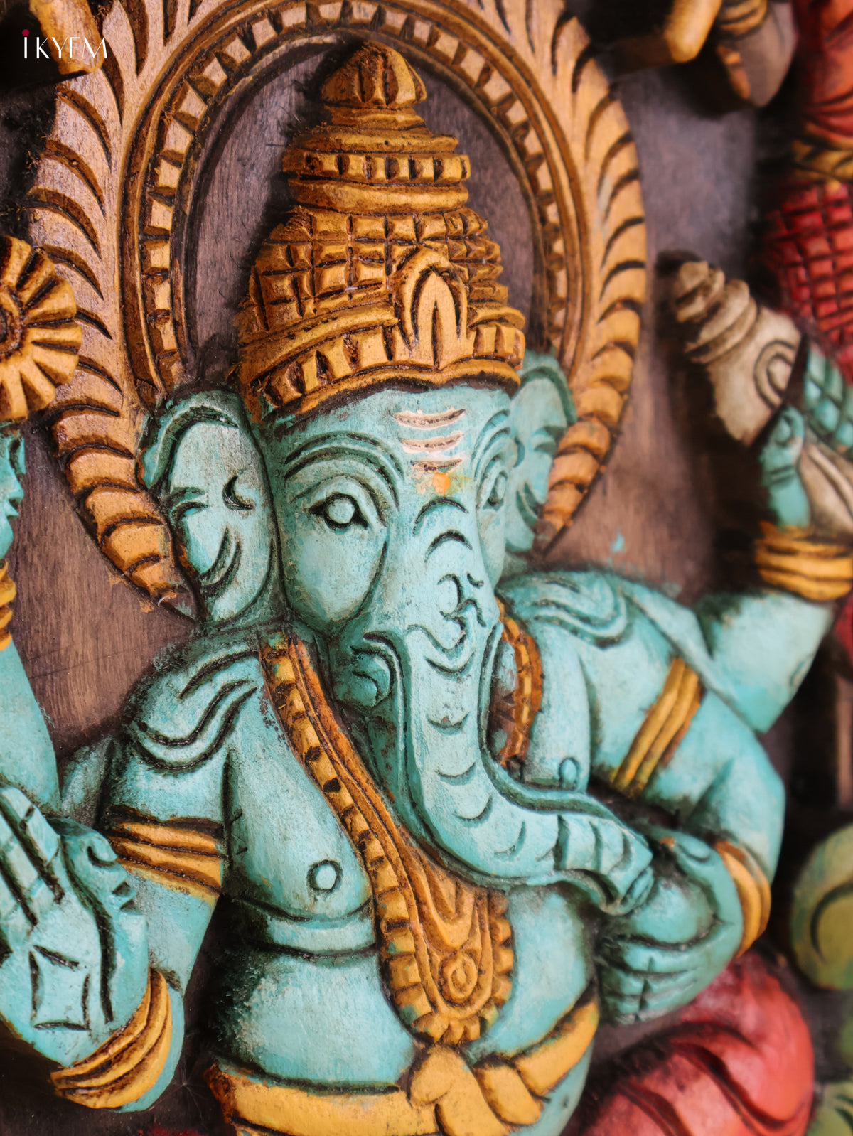 Wooden Hand Carved Painted Ganesha Circle Panel -(18X18)