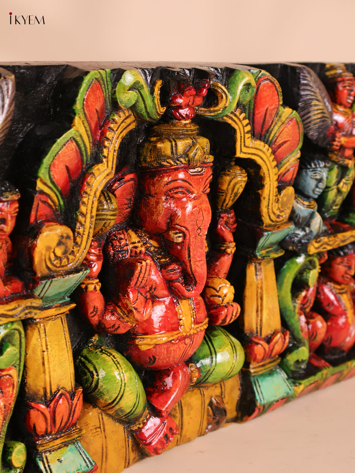 Wooden carved Ganesha Lakshmi Saraswathi Panel (10x48)