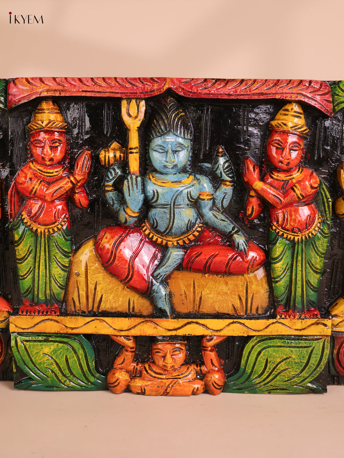 Wooden Hand Carved Painted Lord Shivan Panel (12x34)