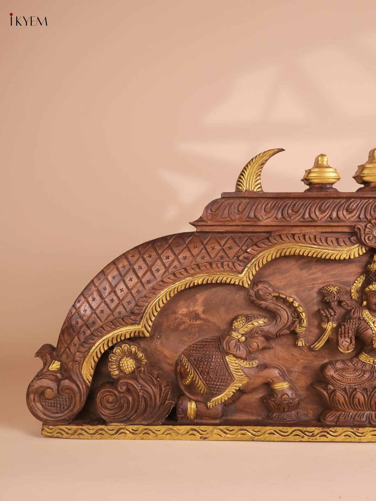 Wooden Hand Carved Gaja Lakshmi Gopuram Panel (16x40)