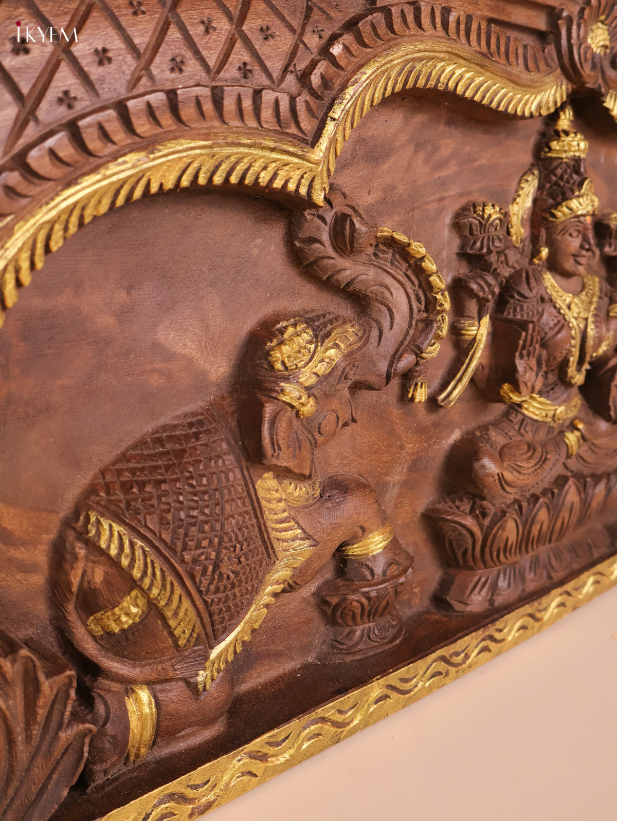 Wooden Hand Carved Gaja Lakshmi Gopuram Panel (16x40)