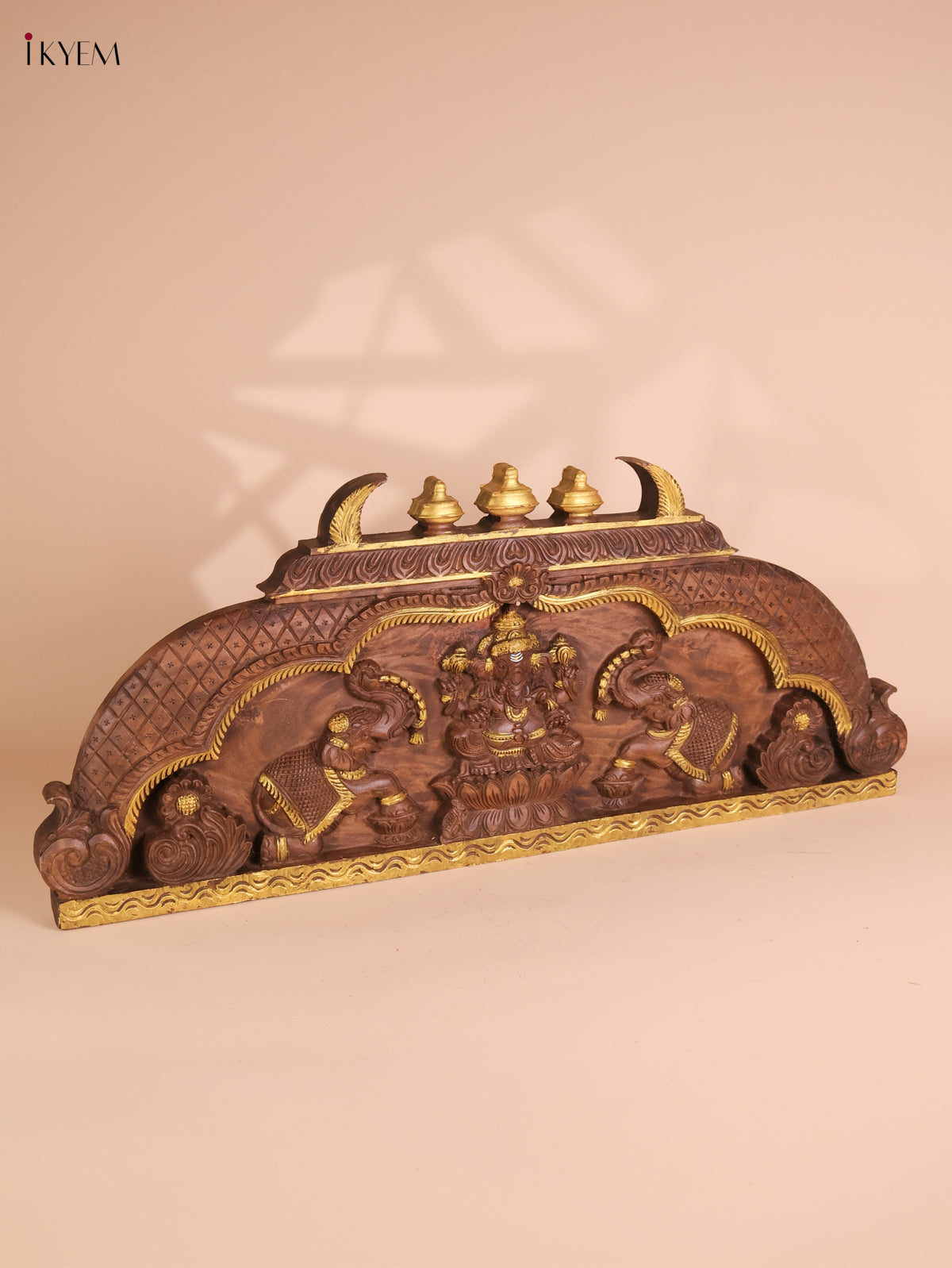 Wooden Hand Carved Gaja Lakshmi Gopuram Panel (16x40)