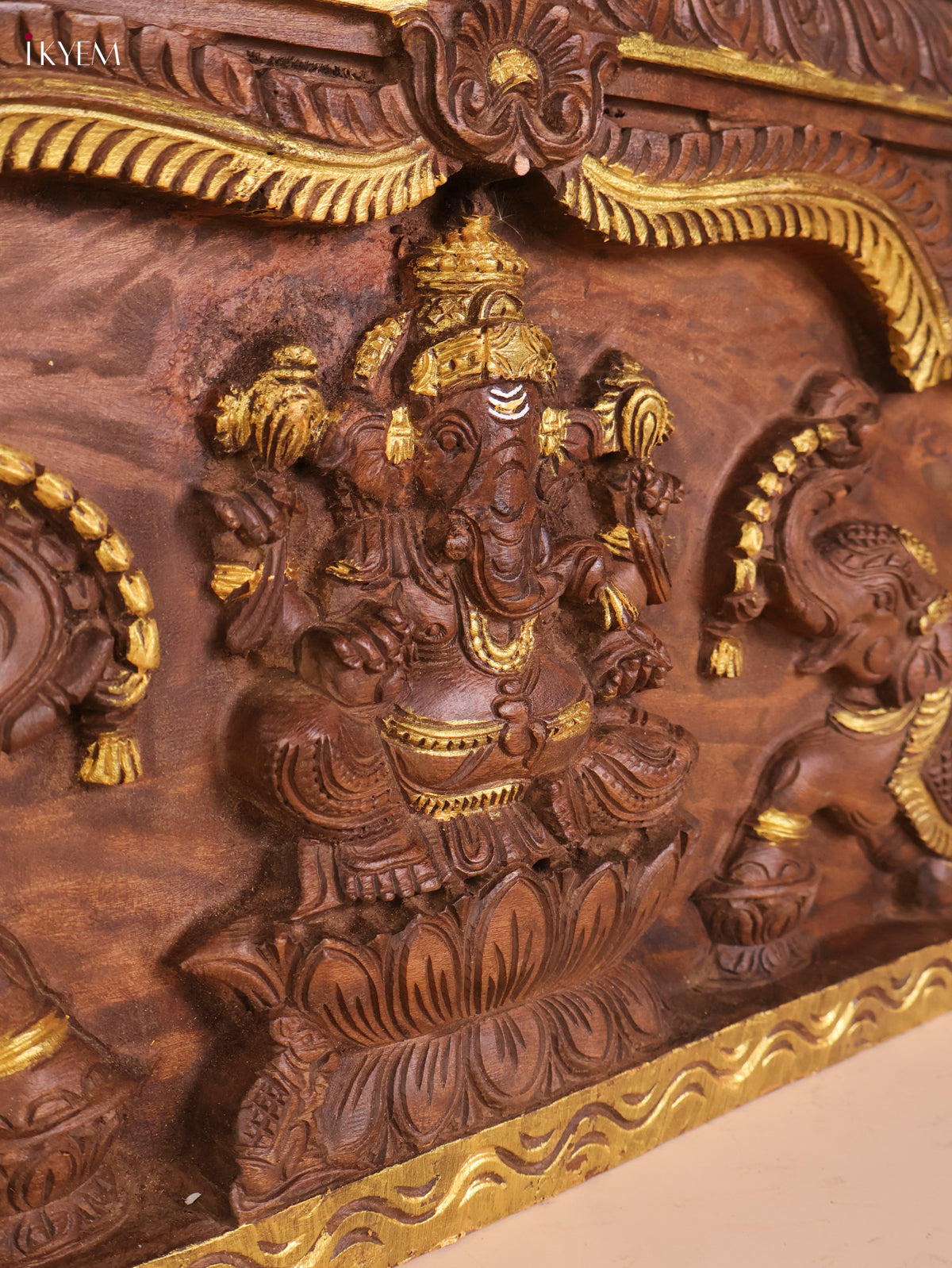 Wooden Hand Carved Gaja Lakshmi Gopuram Panel (16x40)