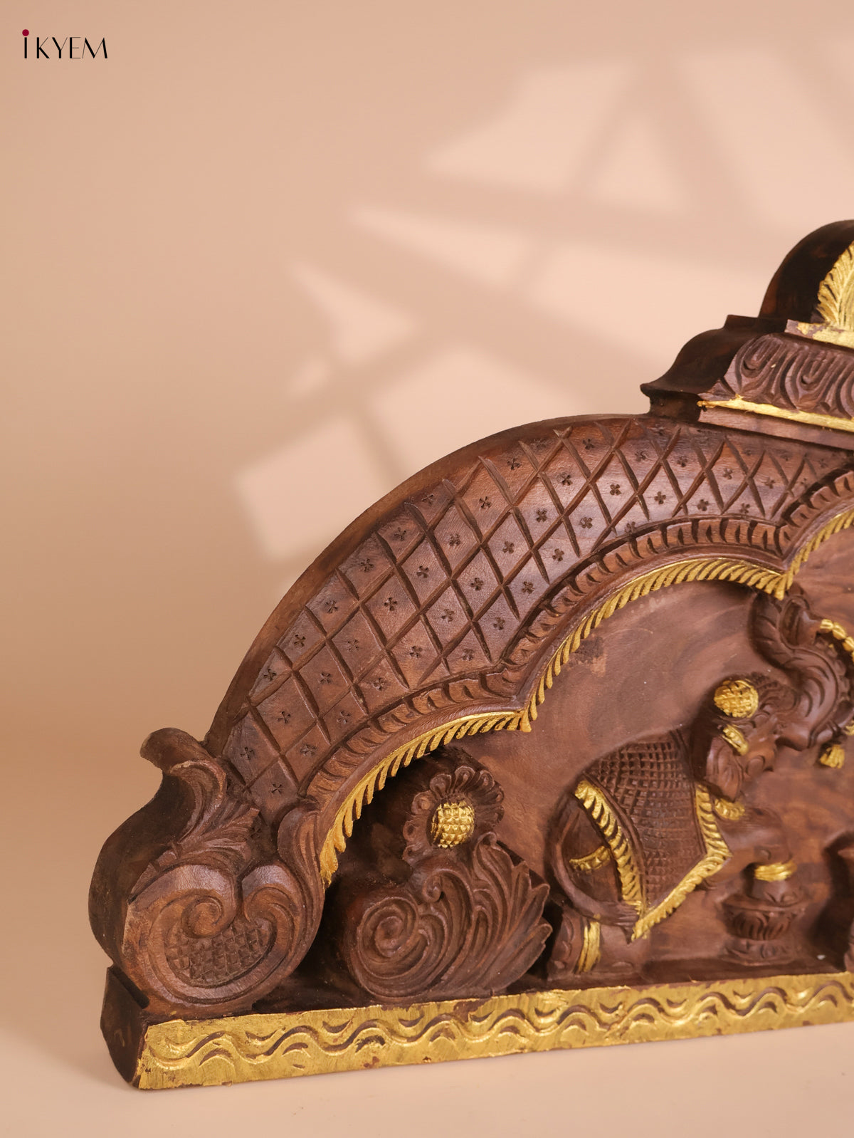Wooden Hand Carved Gaja Lakshmi Gopuram Panel (16x40)