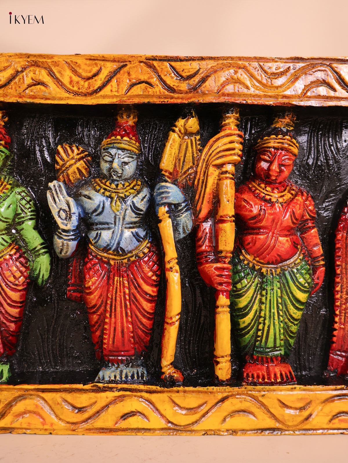 Wooden Hand Carved Painted Dasavatharam Panel (9x36)