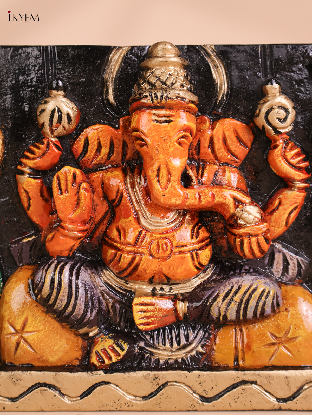 Wooden Hand Carved Painted Ganesha Panel(7x24)